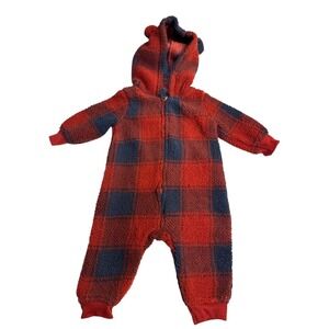 Carter's Baby Fleece Red & Black Plaid Bear Hooded One-Piece Outfit 6 Months NWT